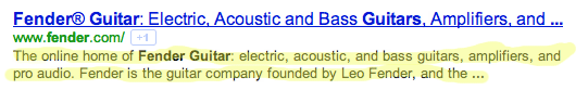 The meta description for Fender has been sloppily highlighted in yellow here